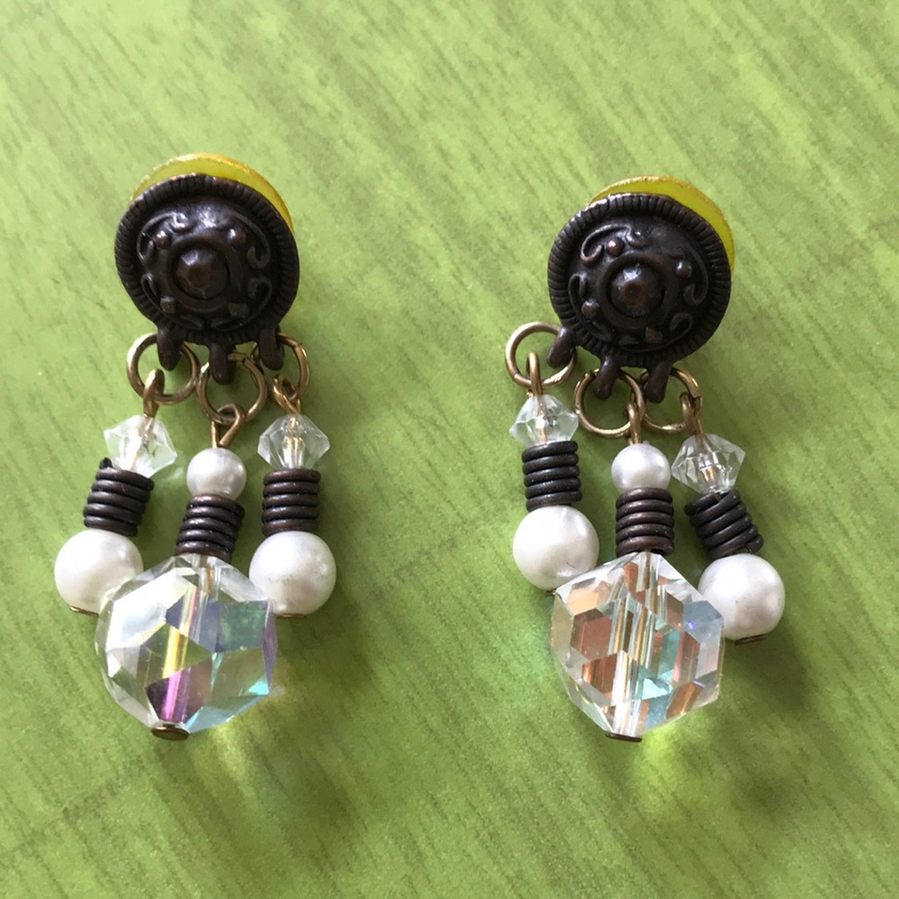 Costume Post Earring Dangling Faux Pearls Crystals